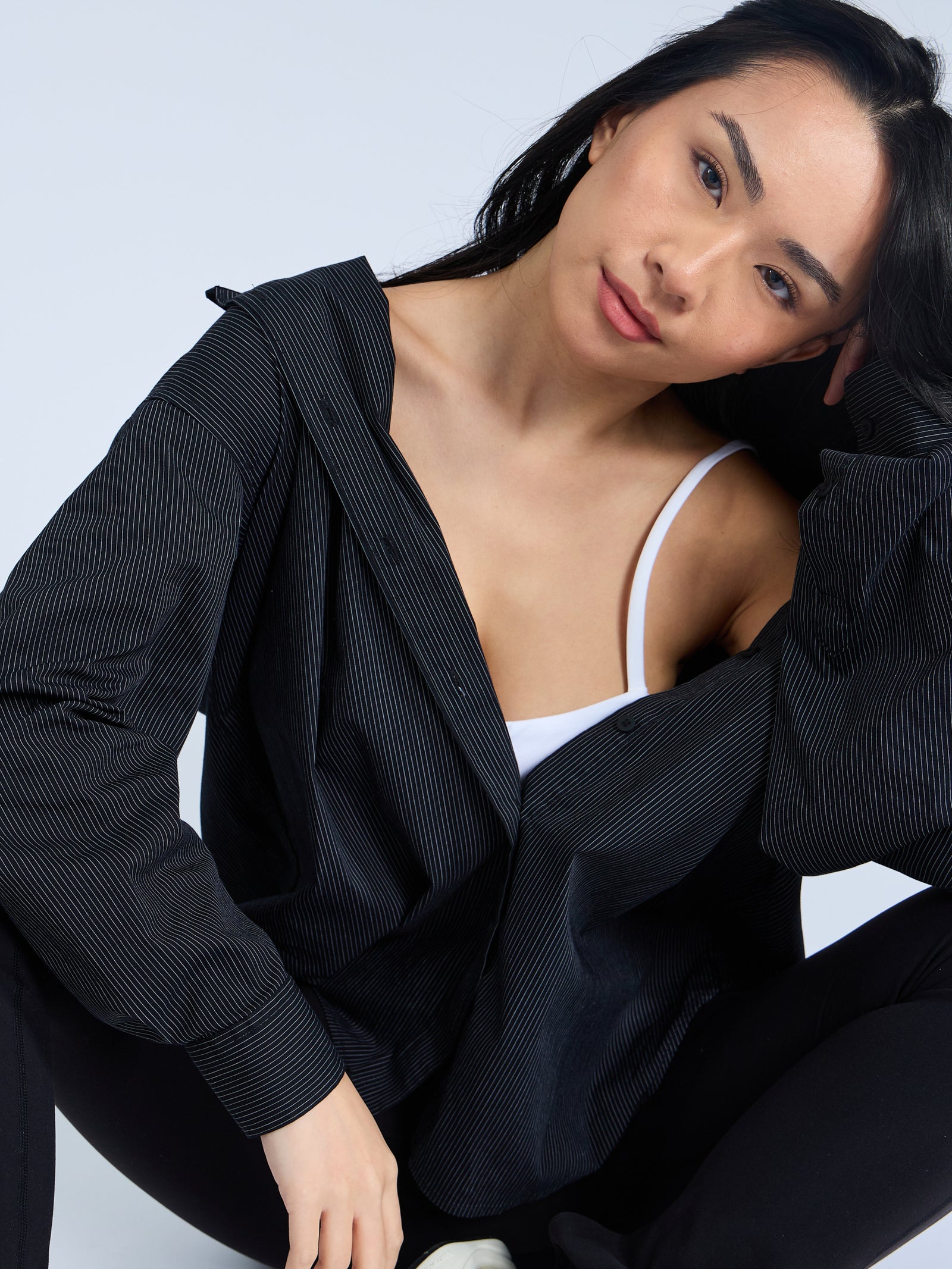 Boyfriend Button Up Shirt - Black Pinstripe