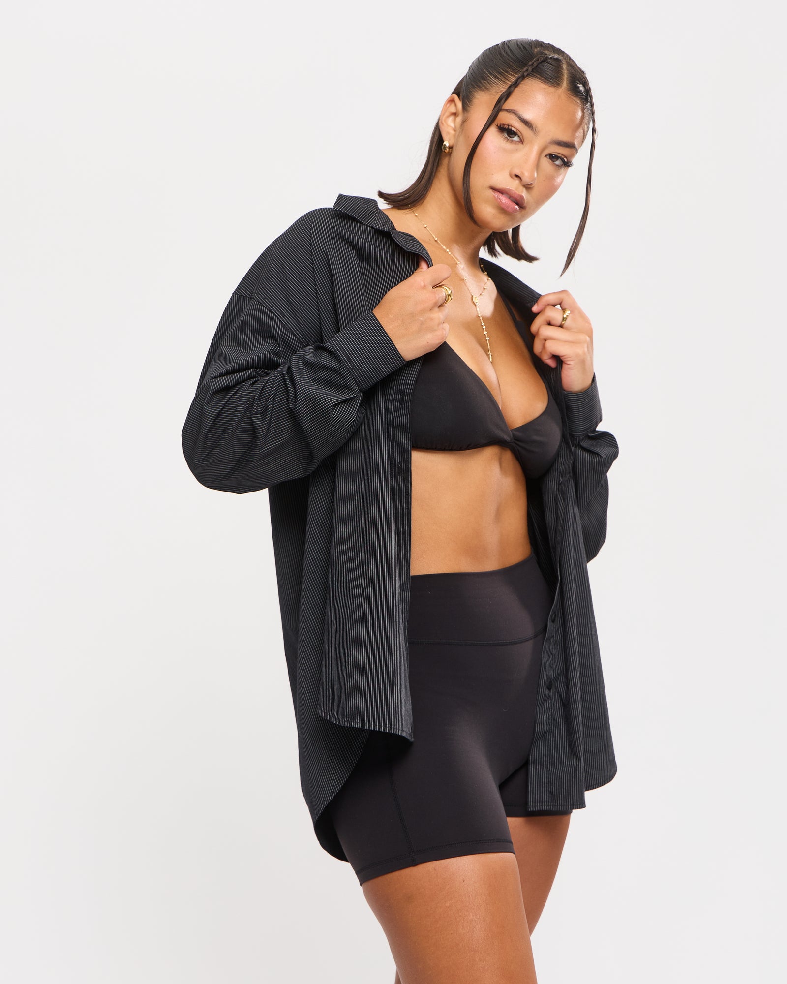 Boyfriend Button Up Shirt - Black Pinstripe