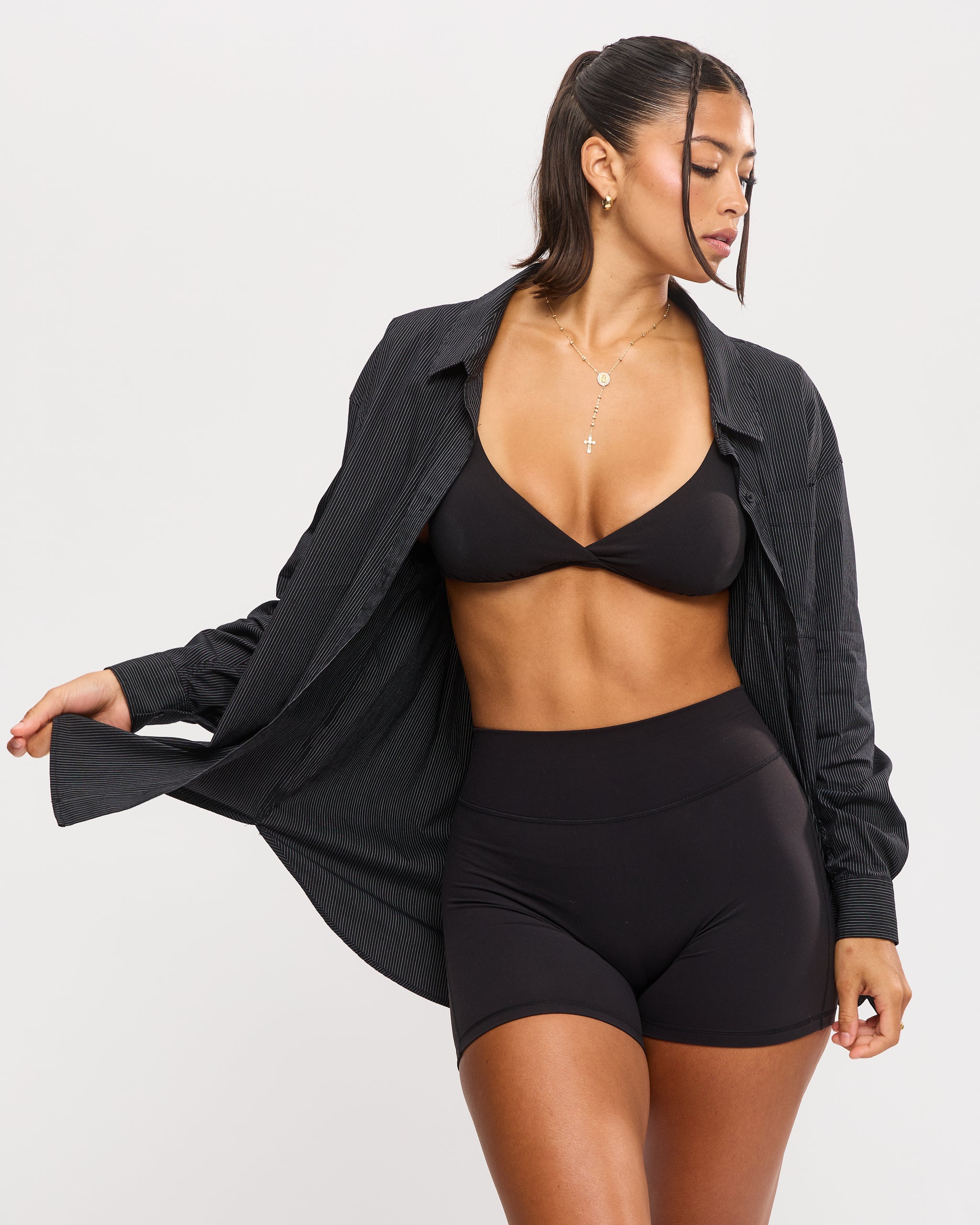 Boyfriend Button Up Shirt - Black Pinstripe