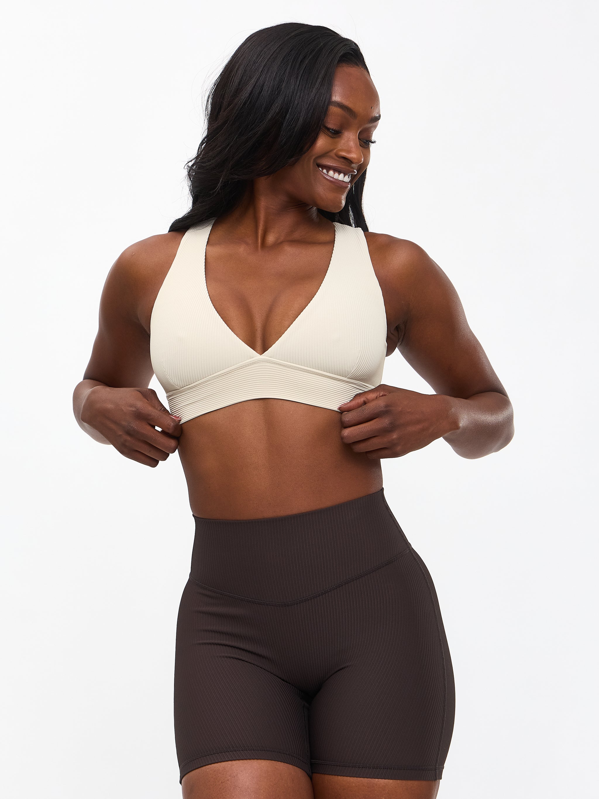 Ribbed Deep V Sports Bra - Bone