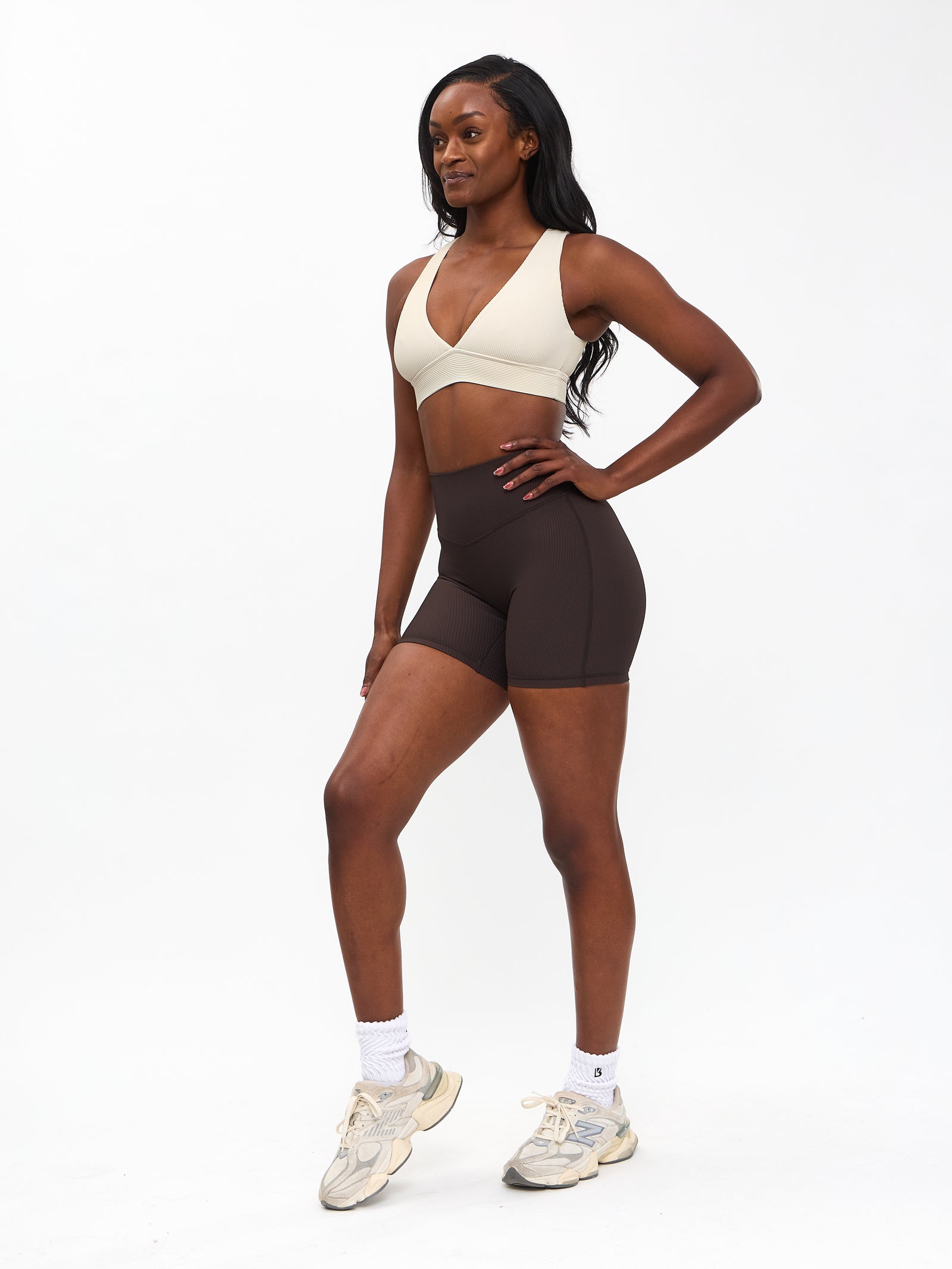 Ribbed Deep V Sports Bra - Bone