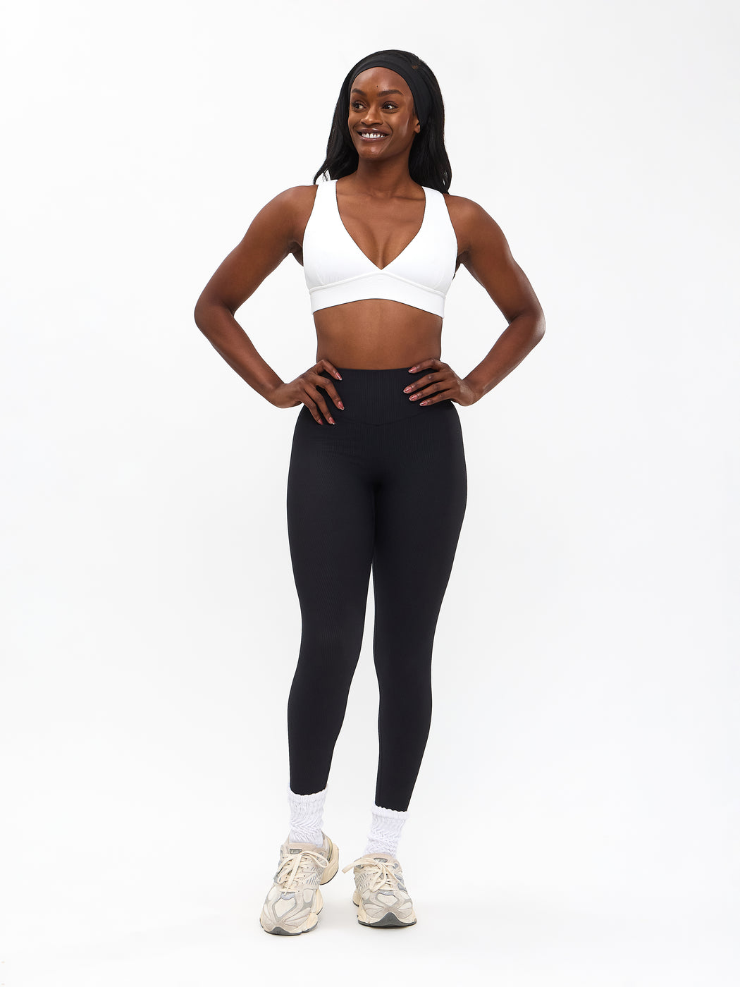 Ribbed Deep V Sports Bra - White