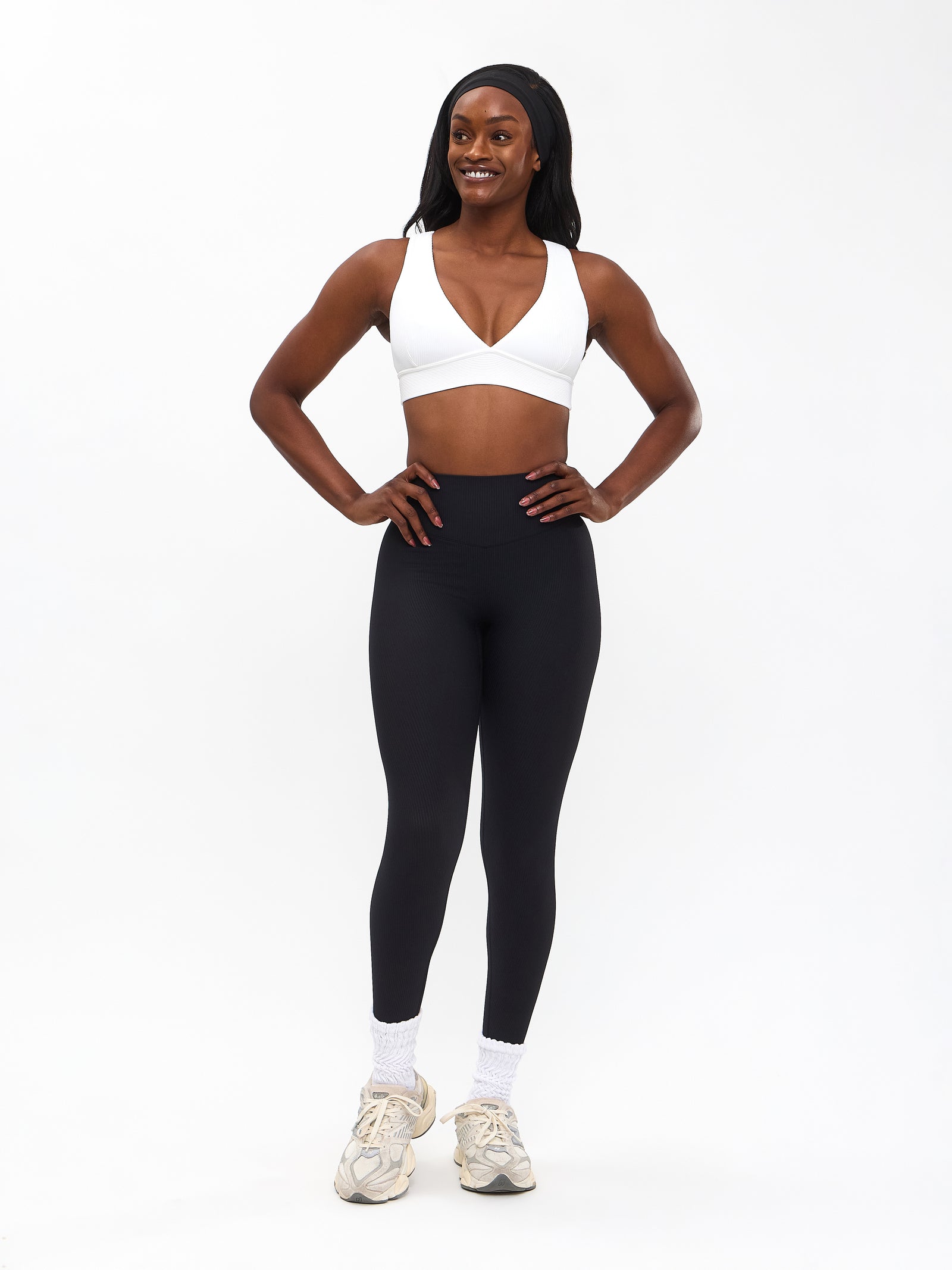 Ribbed Deep V Sports Bra - White