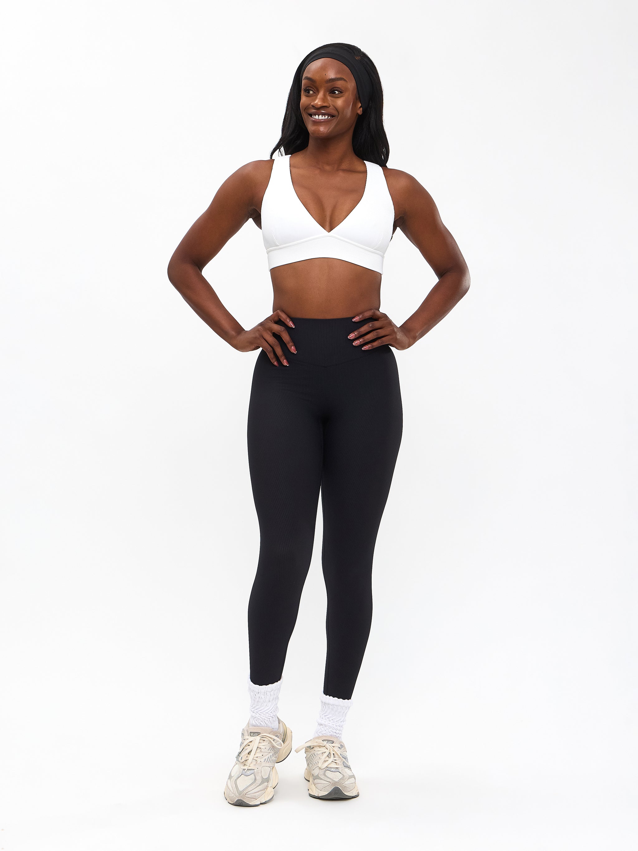 Ribbed Deep V Sports Bra - White