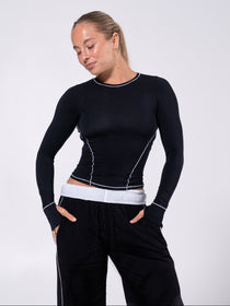 Halo Long Sleeve Hip Tee - Black and White